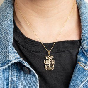 10K Solid Gold US Navy Master Chief Petty Officer Anchor USN Pendant Necklace